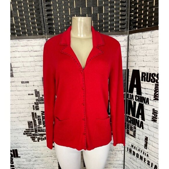 Liz Claiborne Villager M Red Ribbed Button Down Collar Long Sleeve Cardigan - Picture 1 of 5